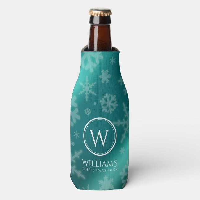 Festive Light Blue Foil Snowflakes Monogram Name Bottle Cooler (Bottle Front)