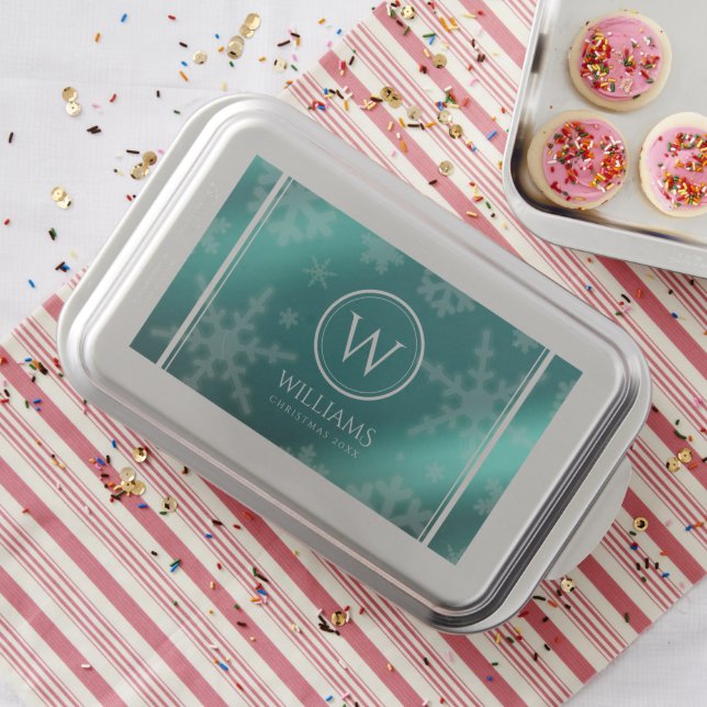 Festive Light Blue Foil Snowflakes Monogram Name Cake Pan (In Situ)