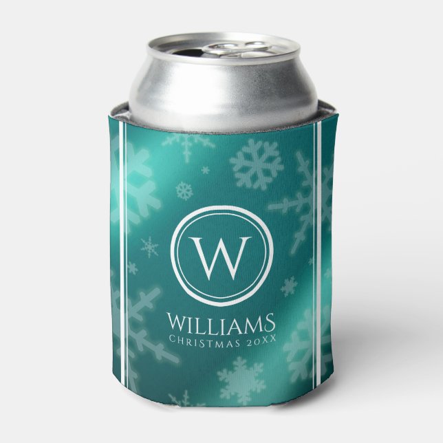 Festive Light Blue Foil Snowflakes Monogram Name Can Cooler (Can Front)