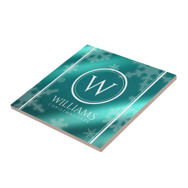 Festive Light Blue Foil Snowflakes Monogram Name Ceramic Tile (Side)