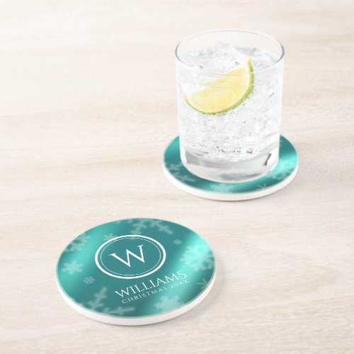 Festive Light Blue Foil Snowflakes Monogram Name Coaster