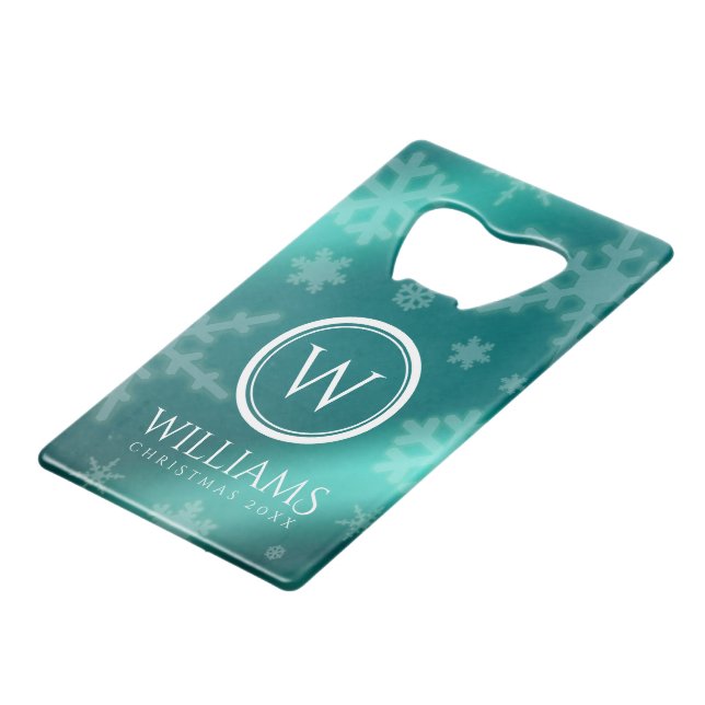 Festive Light Blue Foil Snowflakes Monogram Name Credit Card Bottle Opener (Front Angled)