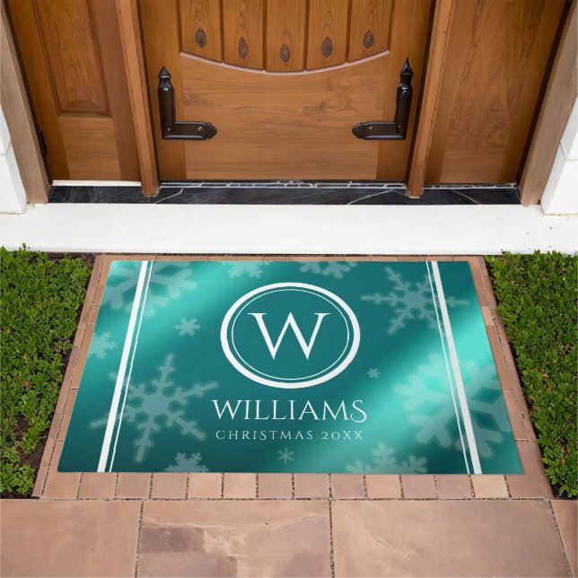 Festive Light Blue Foil Snowflakes Monogram Name Doormat (Outdoor)