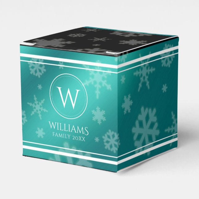 Festive Light Blue Foil Snowflakes Monogram Name Favor Boxes (Front Side)