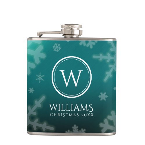 Festive Light Blue Foil Snowflakes Monogram Name Flask