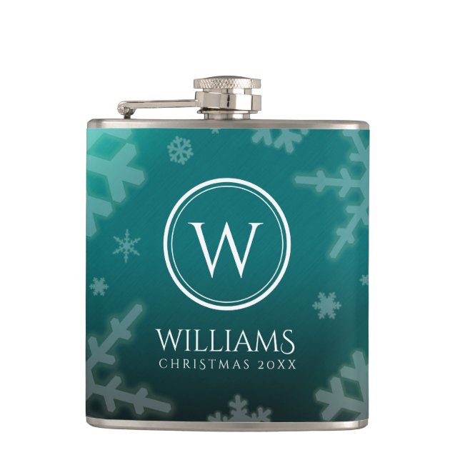 Festive Light Blue Foil Snowflakes Monogram Name Flask (Front)