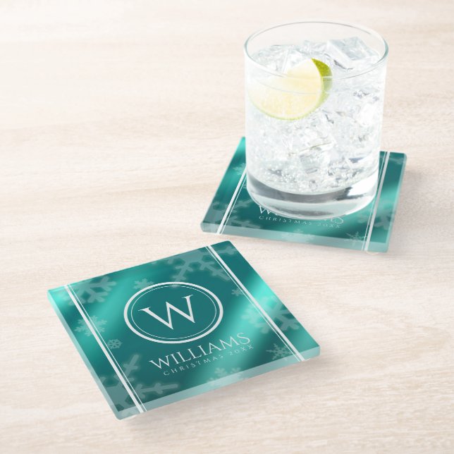 Festive Light Blue Foil Snowflakes Monogram Name Glass Coaster (Angled)