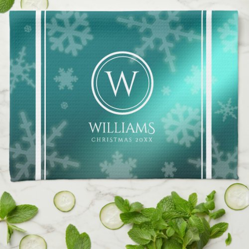 Festive Light Blue Foil Snowflakes Monogram Name Kitchen Towel