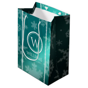 Festive Light Blue Foil Snowflakes Monogram Name Medium Gift Bag