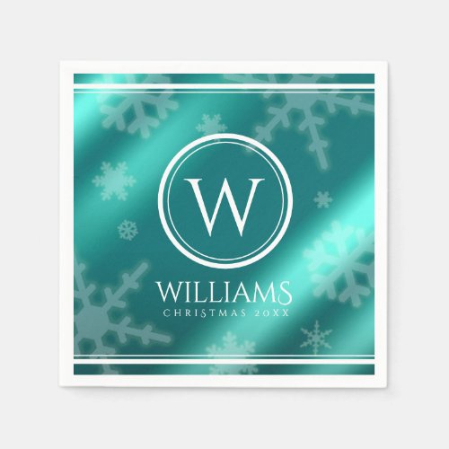 Festive Light Blue Foil Snowflakes Monogram Name Napkins