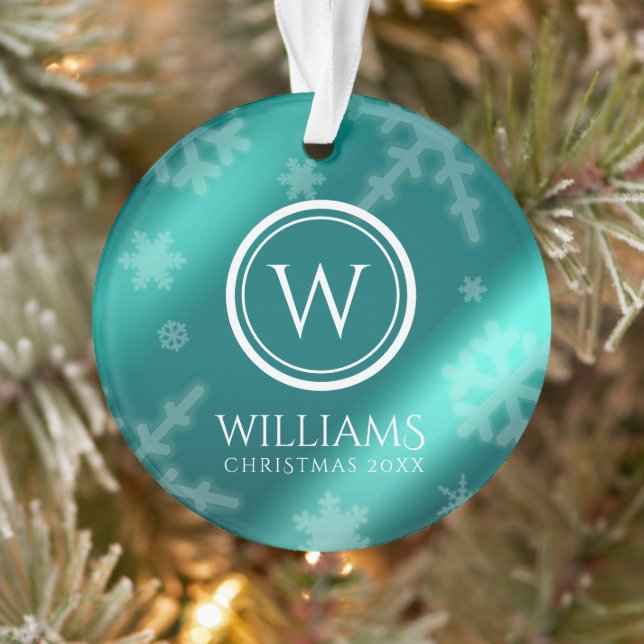Festive Light Blue Foil Snowflakes Monogram Name Ornament (Tree)