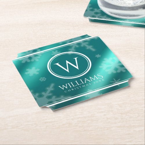 Festive Light Blue Foil Snowflakes Monogram Name Paper Coaster