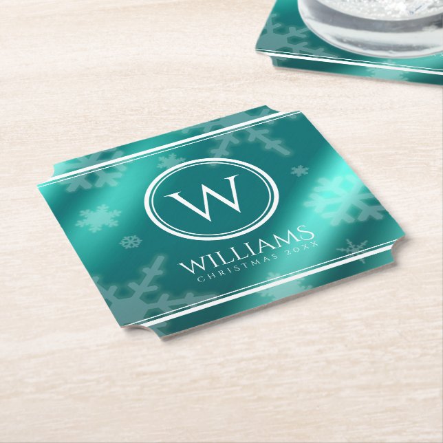 Festive Light Blue Foil Snowflakes Monogram Name Paper Coaster (Angled)