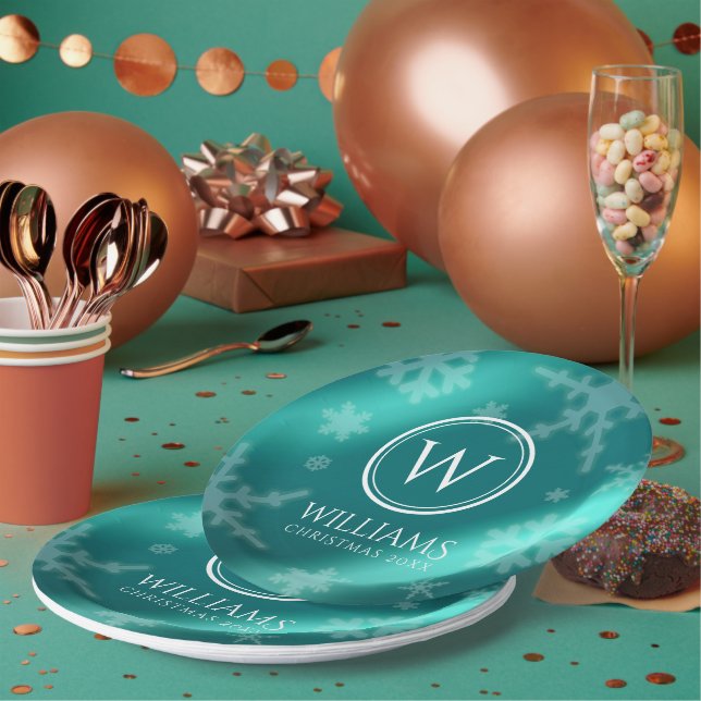 Festive Light Blue Foil Snowflakes Monogram Name Paper Plates (Multi)