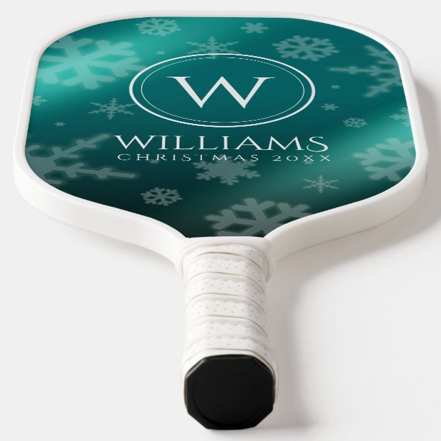 Festive Light Blue Foil Snowflakes Monogram Name Pickleball Paddle (Laydown)