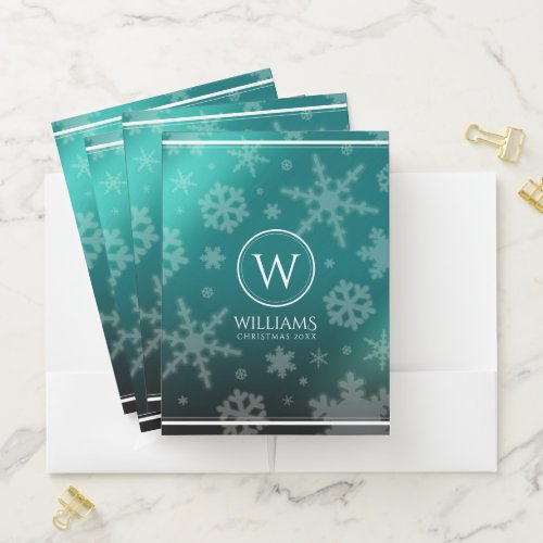 Festive Light Blue Foil Snowflakes Monogram Name Pocket Folder