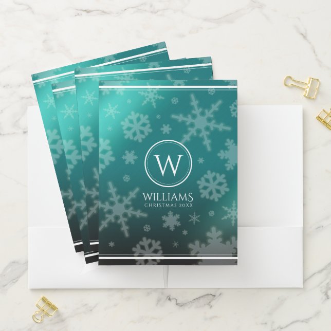 Festive Light Blue Foil Snowflakes Monogram Name Pocket Folder (In Situ)