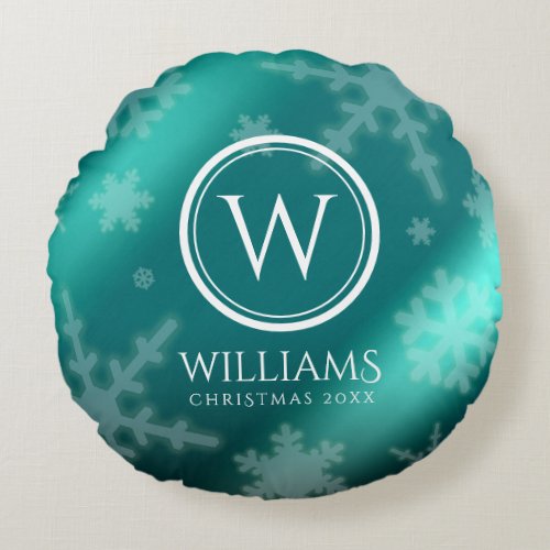 Festive Light Blue Foil Snowflakes Monogram Name Round Pillow