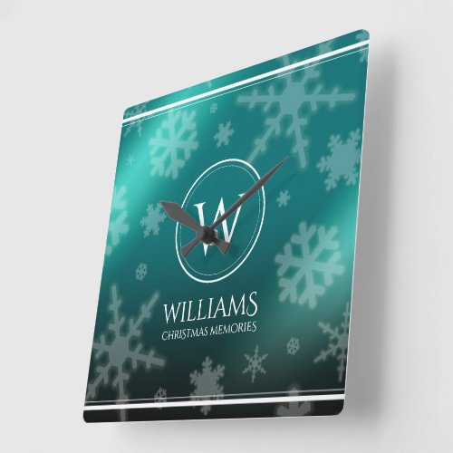 Festive Light Blue Foil Snowflakes Monogram Name Square Wall Clock