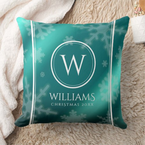 Festive Light Blue Foil Snowflakes Monogram Name Throw Pillow