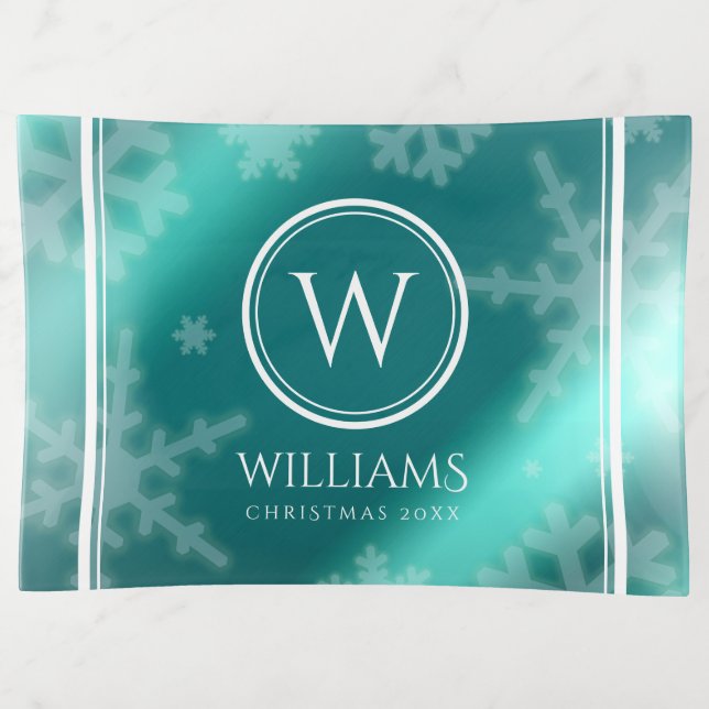 Festive Light Blue Foil Snowflakes Monogram Name Trinket Tray (Front)