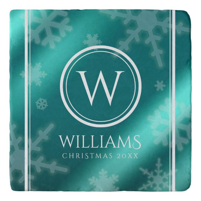 Festive Light Blue Foil Snowflakes Monogram Name Trivet (Front)