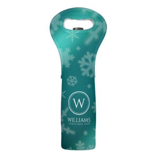 Festive Light Blue Foil Snowflakes Monogram Name Wine Bag