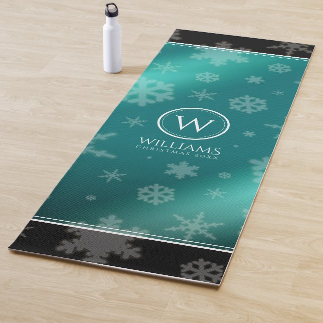 Festive Light Blue Foil Snowflakes Monogram Name Yoga Mat (In Situ)