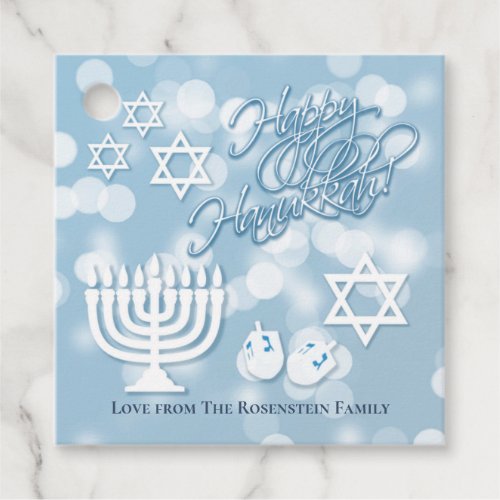 Festive Light Blue Happy Hanukkah Collage Favor Tags