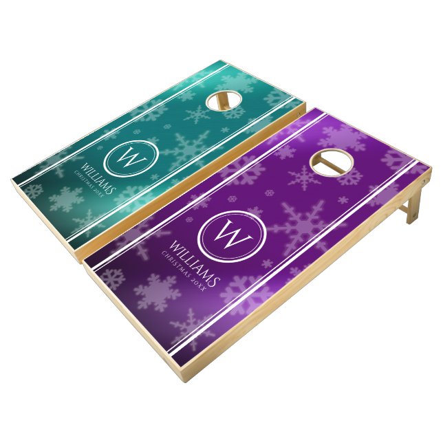 Festive Light Blue & Purple Foil Snowflakes Name Cornhole Set (Angled)