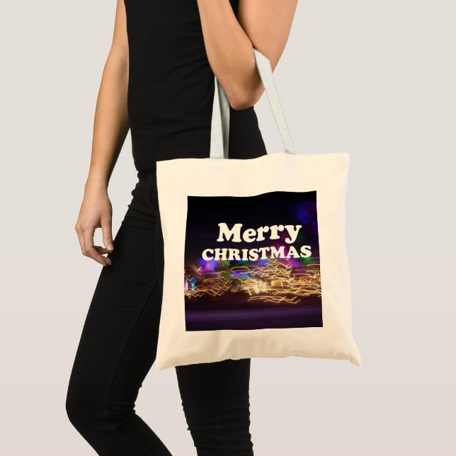 Festive Light Trails Merry Christmas Fireworks Mod Tote Bag (Front (Product))