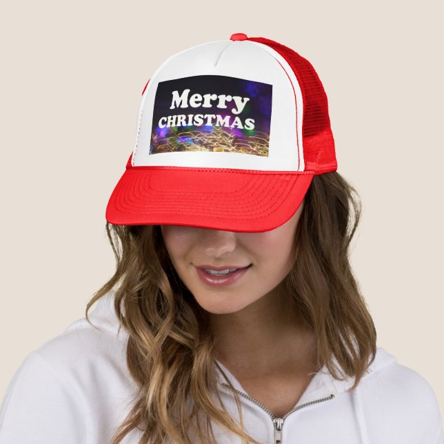 Festive Light Trails Merry Christmas Fireworks Mod Trucker Hat (In Situ)