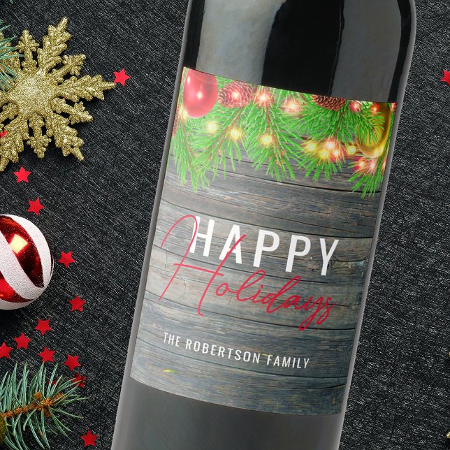 Festive Lights Baubles Rustic Holiday Christmas  Wine Label (Creator Uploaded)