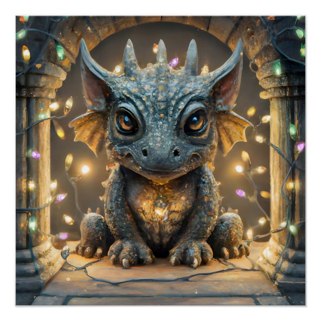 Festive Lights Chibi Gargoyle Dragon Poster (Front)