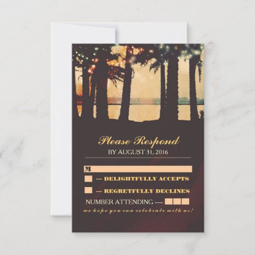 festive lights palms beach wedding RSVP - Romantic seaside sunset beach wedding respond card with colorful string lights hanging on the palm trees.  ----If you push CUSTOMIZE IT button you will be able to change the font style, color, size, move it etc. it will give you more options! Contact me if you need more matching items or have a custom color request.