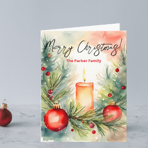 Festive Lit Christmas Candle and Pine Branches Card
