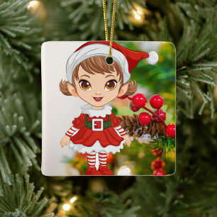 Festive Little Santa Girl Ceramic Ornament