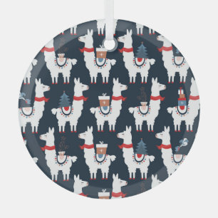 Festive Llamas: Christmas Pattern Delight Glass Ornament
