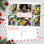 Festive Love, Peace, Joy | Six Photo Collage Postcard<br><div class="desc">Festive love,  peace,  joy custom text graphic with decorative divider,  editable text field and six-photo collage template with red and white candy cane stripe design on  back.</div>