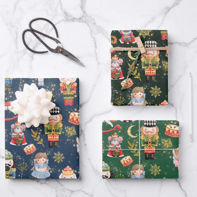 Festive Magical Cute Nutcracker Ballet Characters Wrapping Paper Sheets (Front)