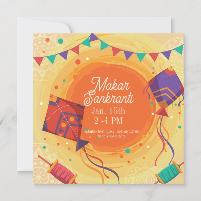 Festive Makar Sankranti purple kite Invitation (Front)