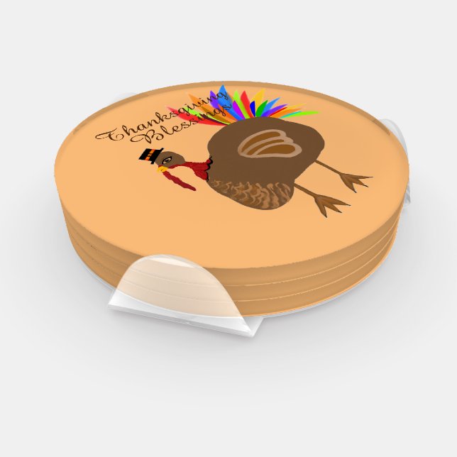 Festive Male Turkey Pilgrim Hat Colorful Feathers Coaster Set (Set)