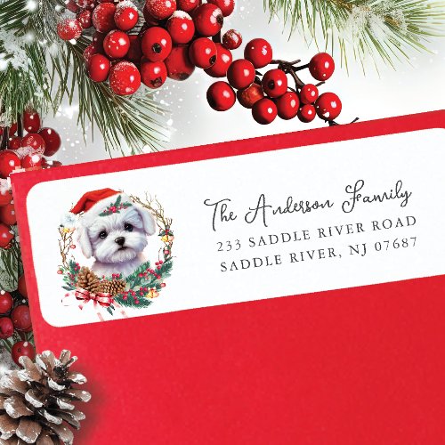Festive Maltese Dog in Santa Hat  Return Address Label