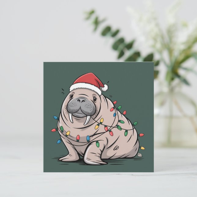 Festive Manatee Christmas Santa Ocean Lover Cozy Holiday Card (Standing Front)