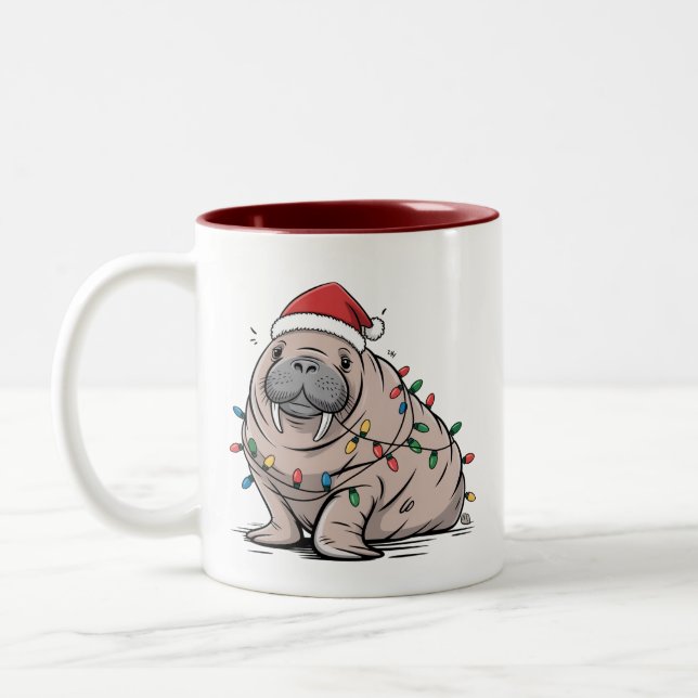 Festive Manatee Christmas Santa Ocean Lover Cozy Two-Tone Coffee Mug (Left)