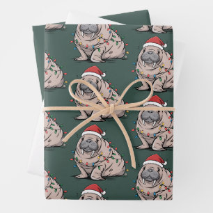 Festive Manatee Christmas Santa Ocean Lover Cozy Wrapping Paper Sheets
