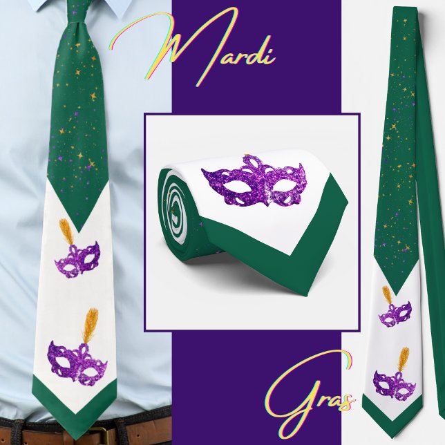 Festive Mardi Gras Masks and confettis Neck Tie (Different views of this stunning Mardi Gras tie)