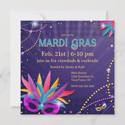 Festive Mardi Gras Masks  Beads Invitation