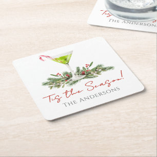 Festive Martini and Mistletoe Candy Cane Cocktail Square Paper Coaster