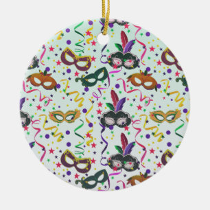 Festive Masquerade Masks And Confetti Pattern Ceramic Ornament
